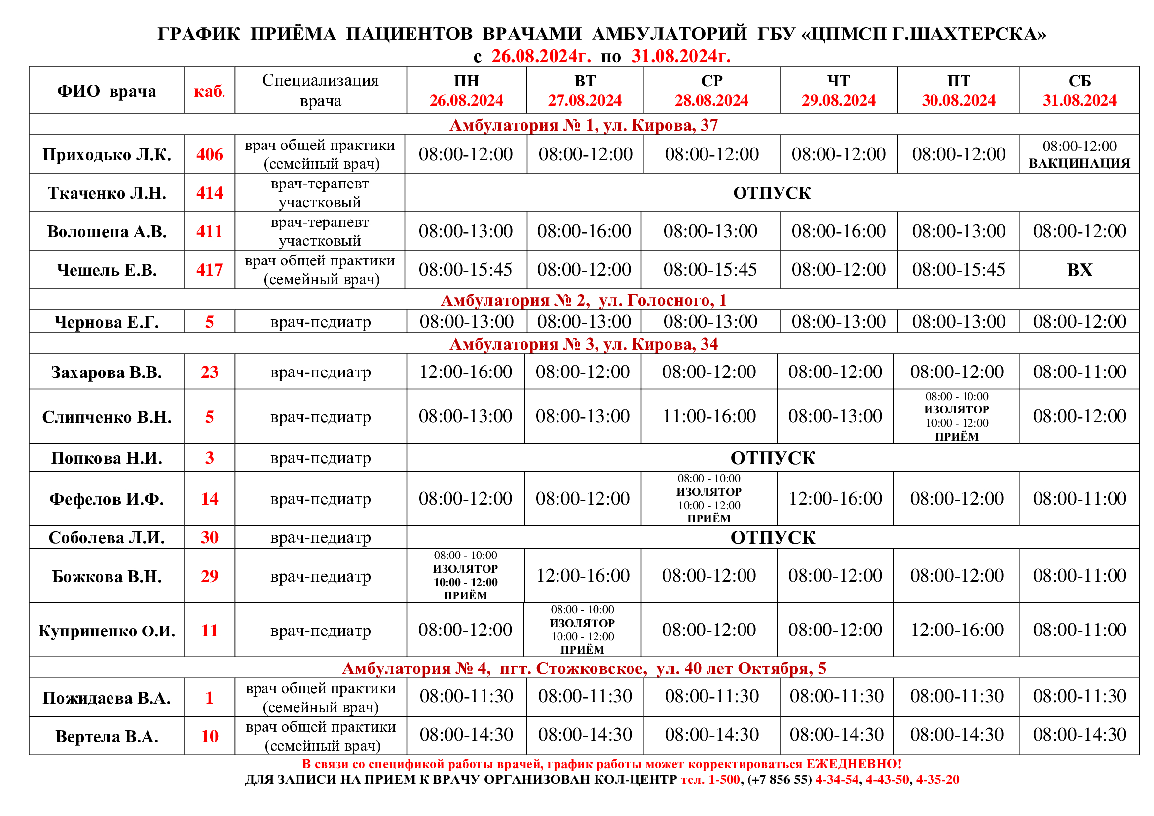 Внимание! Информация о графике приёмов врачами и врачами-педиатрами!.